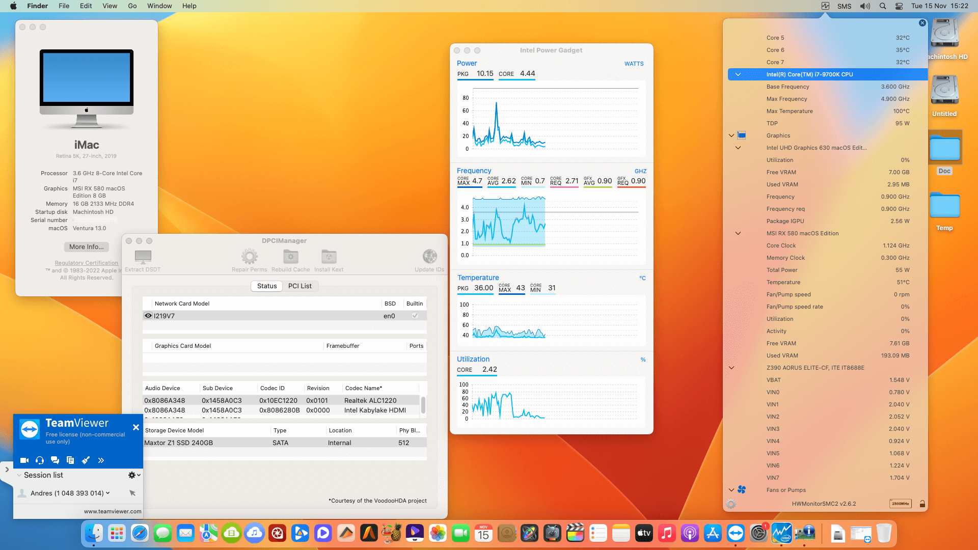Success Hackintosh macOS Ventura 13.0 Build 22A380 in Gigabyte Z390 Aorus Elite + Intel Core i7 9700K + MSI RX 580